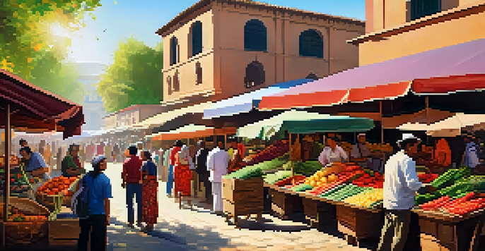 A lively marketplace with vendors and customers, showcasing colorful stalls and fresh produce.
