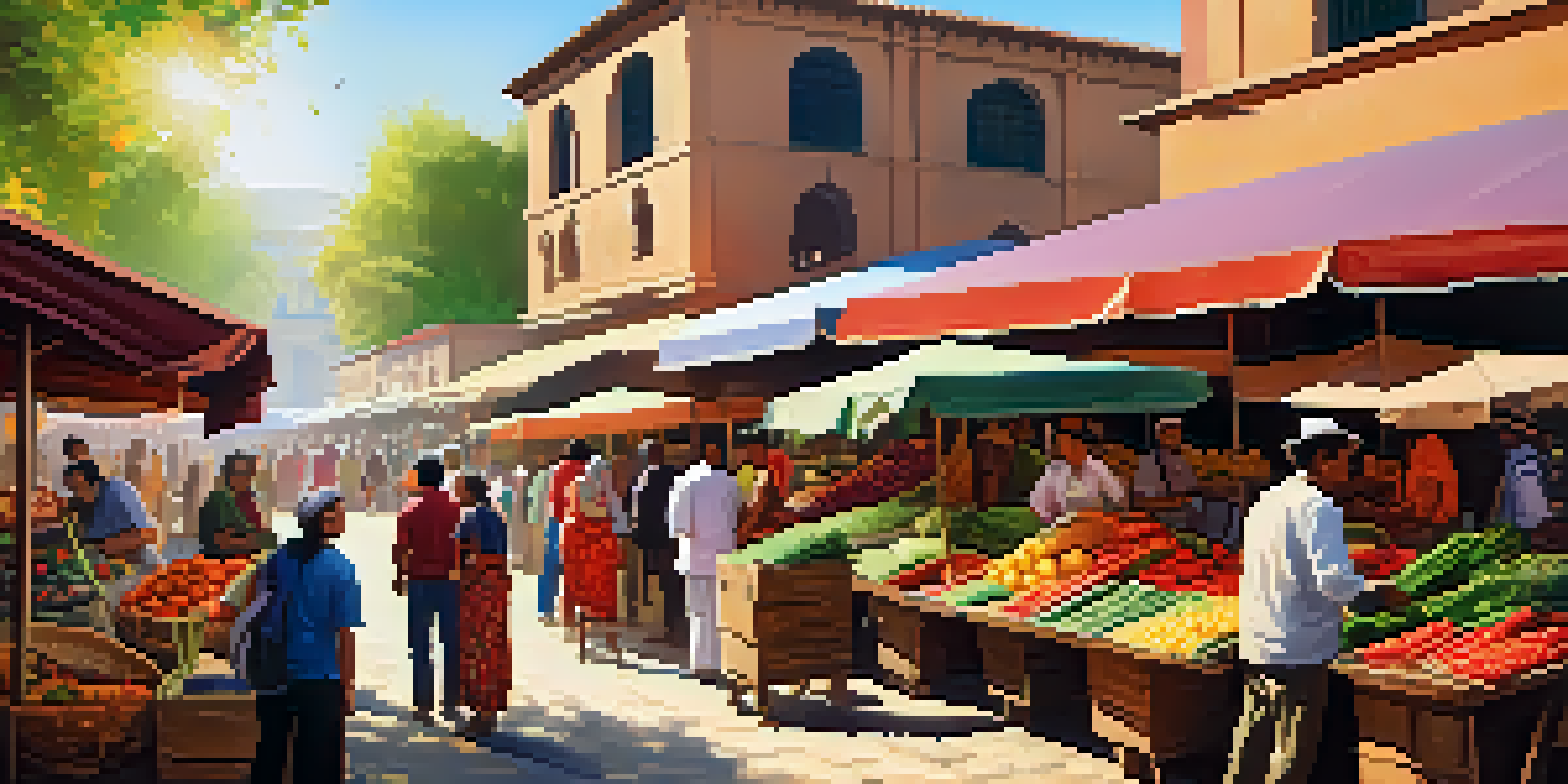 A lively marketplace with vendors and customers, showcasing colorful stalls and fresh produce.