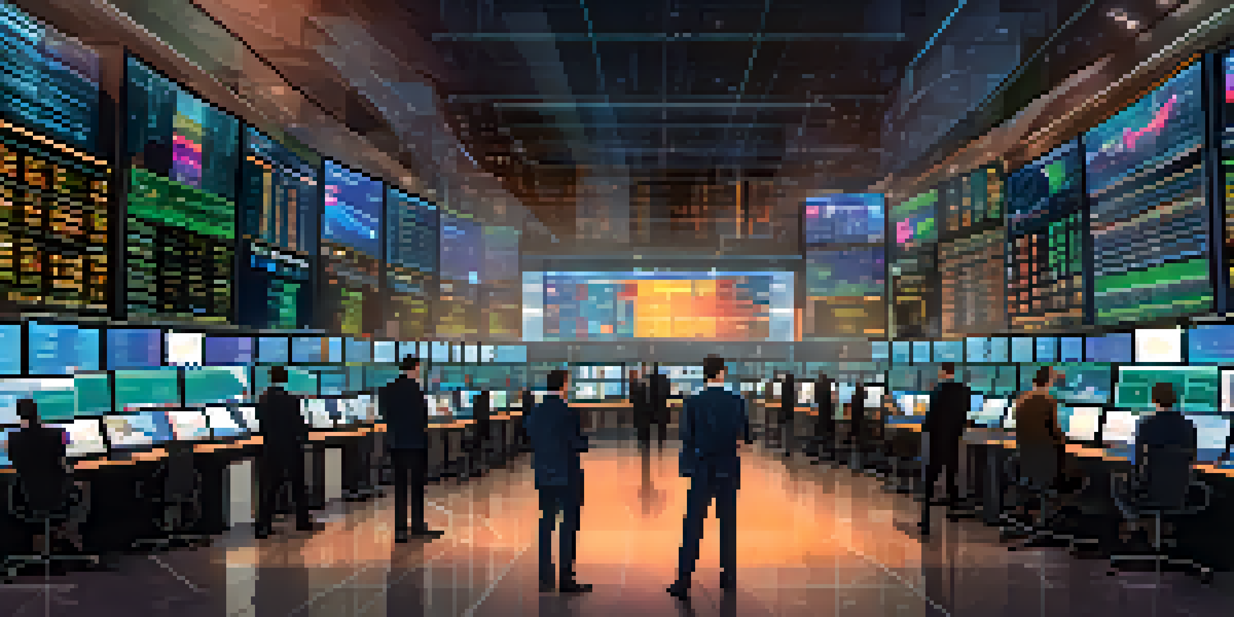 A vibrant cryptocurrency exchange scene with traders and multiple colorful screens displaying charts and graphs.