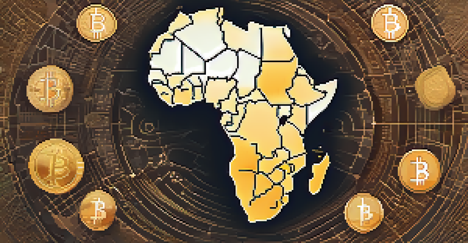A map of Africa with digital currency symbols and glowing network lines representing cryptocurrency adoption.
