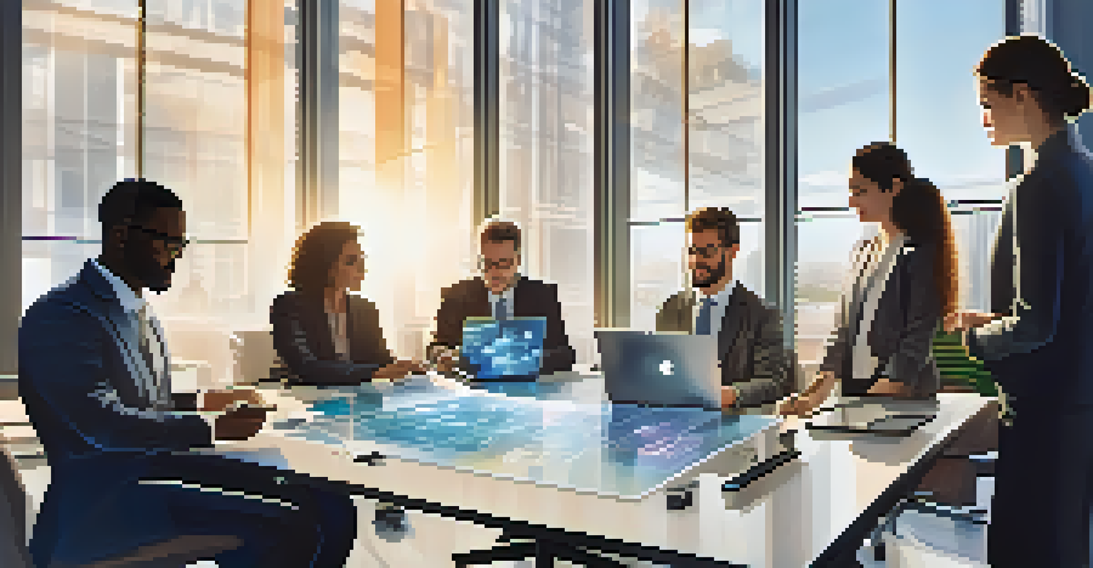 A diverse group of professionals in an office collaborating over a tablet showcasing blockchain applications, with natural light illuminating the room.