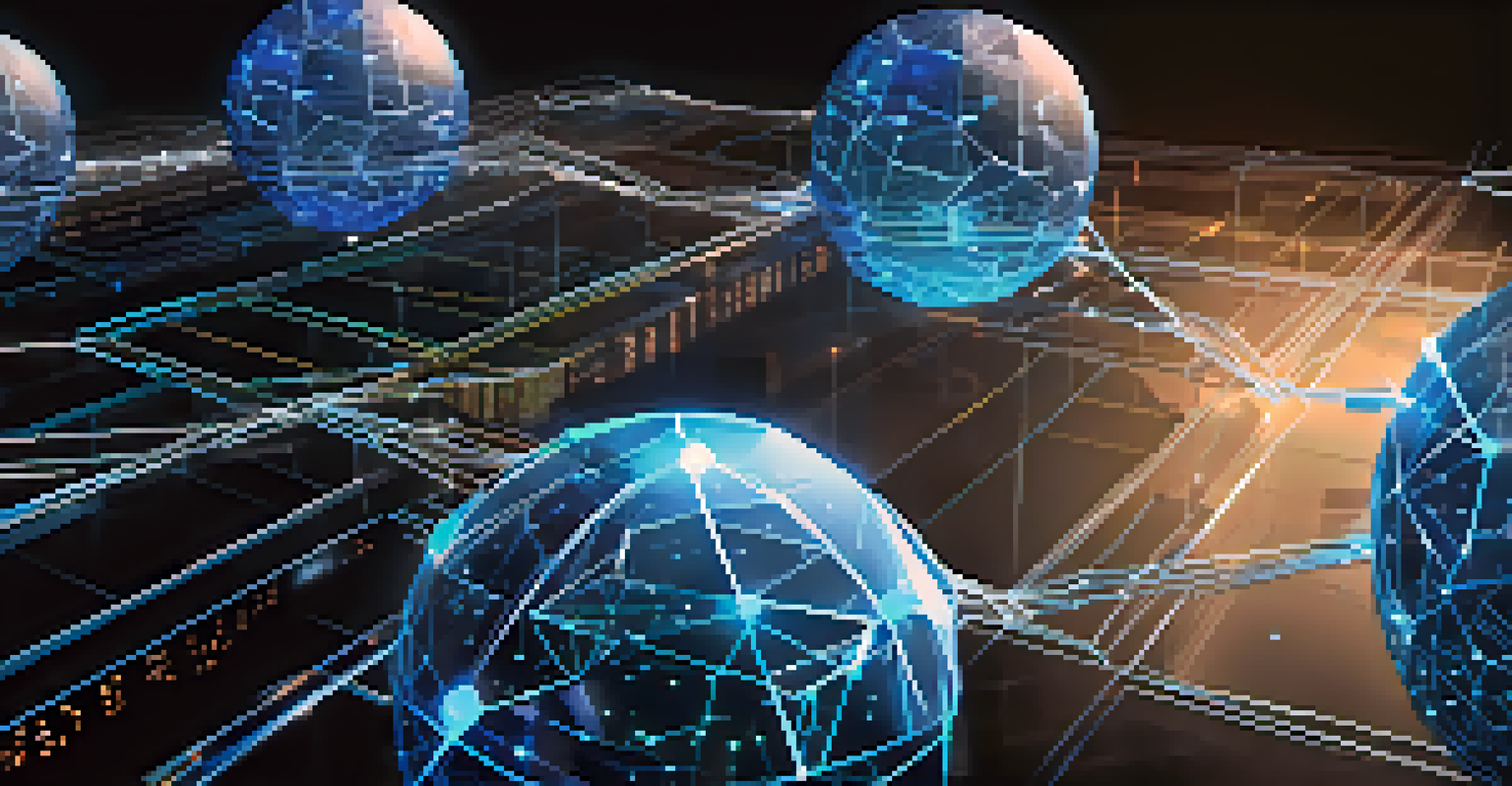 A futuristic representation of blockchain technology with interconnected blocks and digital currencies above a globe, set against a dark high-tech background.