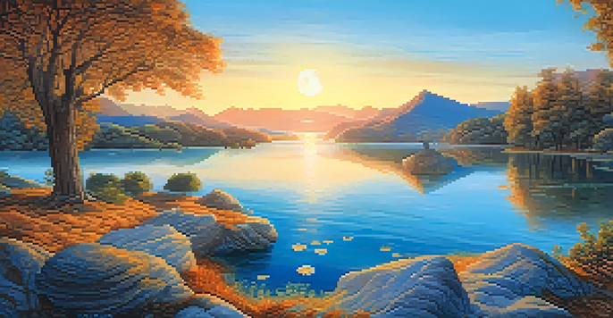 A landscape showing the four phases of a cryptocurrency market cycle, from calm waters to a rising sun, bustling market, and a sunset.