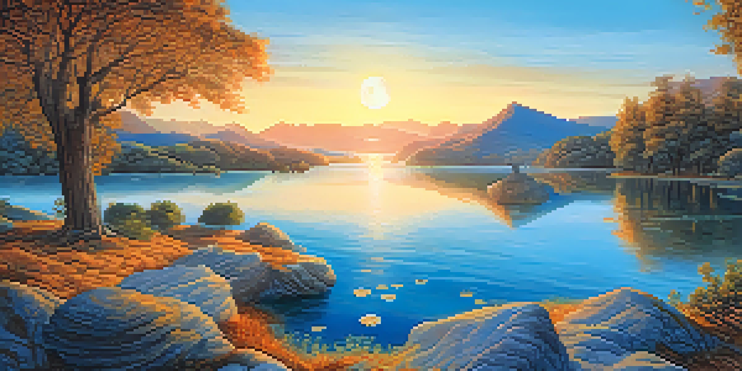 A landscape showing the four phases of a cryptocurrency market cycle, from calm waters to a rising sun, bustling market, and a sunset.