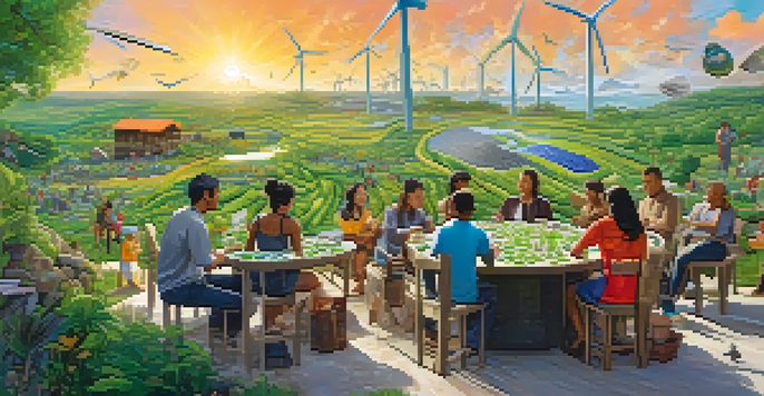 A lively scene showing diverse people discussing circular economy practices in a green landscape with recycling bins and renewable energy sources.