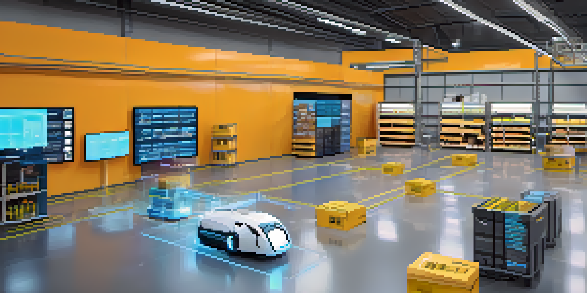 A digital interface representing smart contracts in supply chain management, with holographic displays and a modern warehouse in the background.