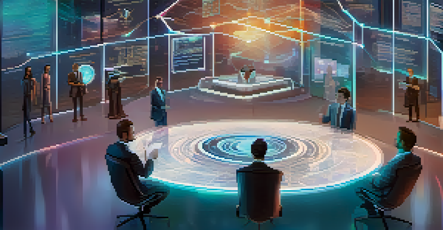 A futuristic digital workspace showcasing a smart contract execution with holographic displays and cryptocurrency transactions.