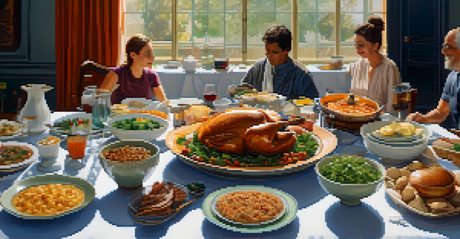 A potluck dinner table with diverse dishes and people sharing ideas in a warm, inviting setting.