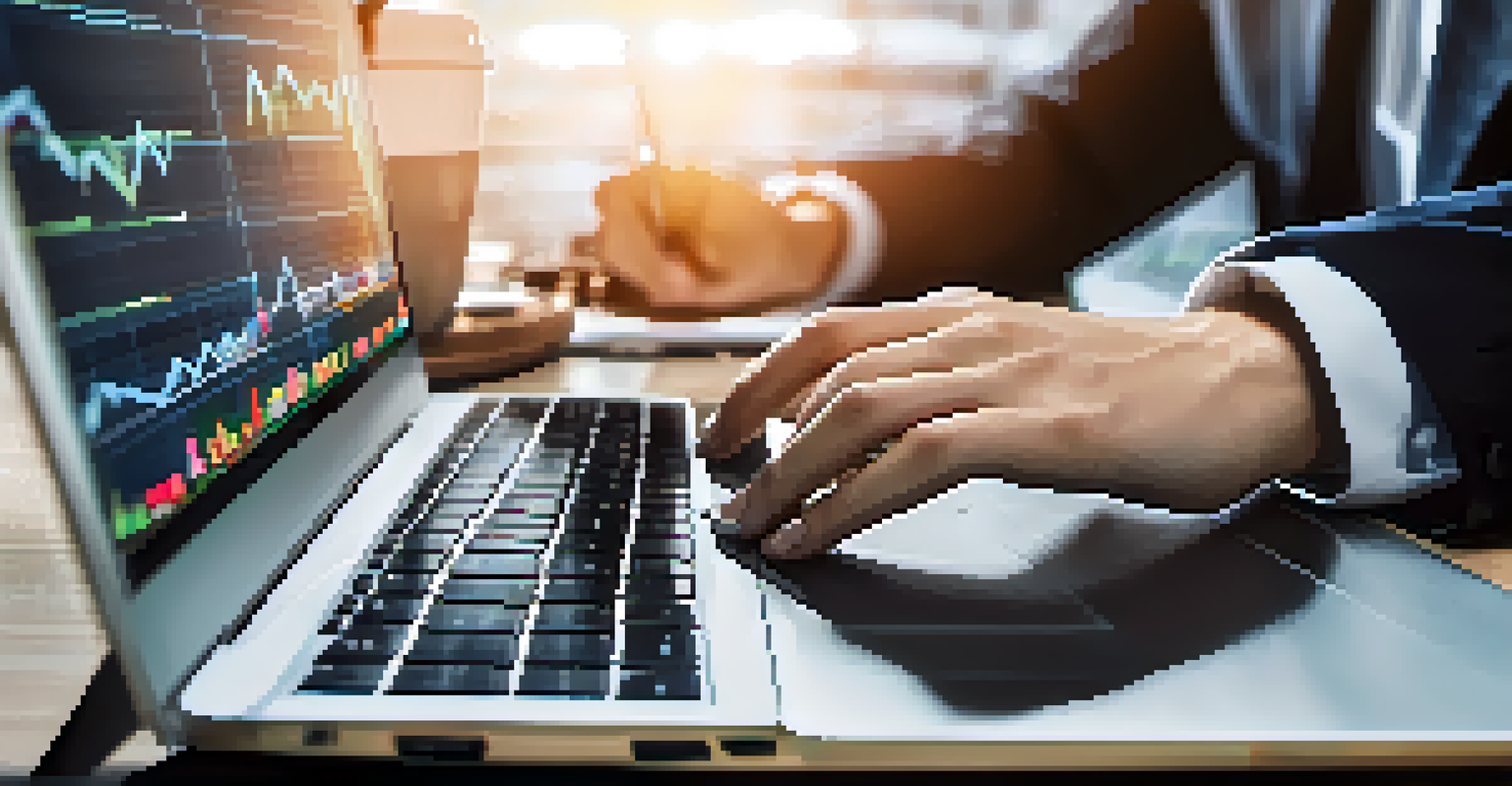 A close-up view of hands using a laptop with financial charts and digital currencies visible on the screen, set in a modern workspace.