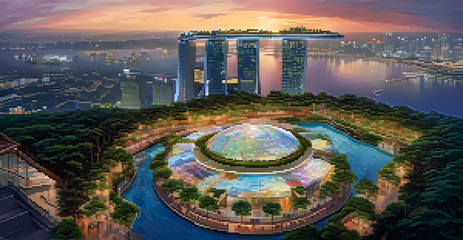 A stunning sunset view of Singapore's skyline with Marina Bay Sands and a rooftop cryptocurrency conference, surrounded by greenery.