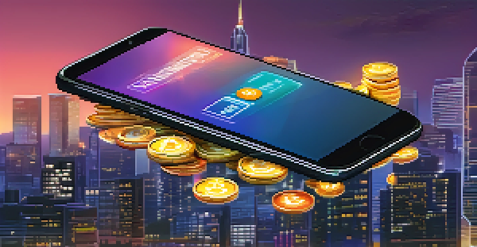 A smartphone showing a cryptocurrency wallet app with digital coins floating, set against a city skyline at dusk.