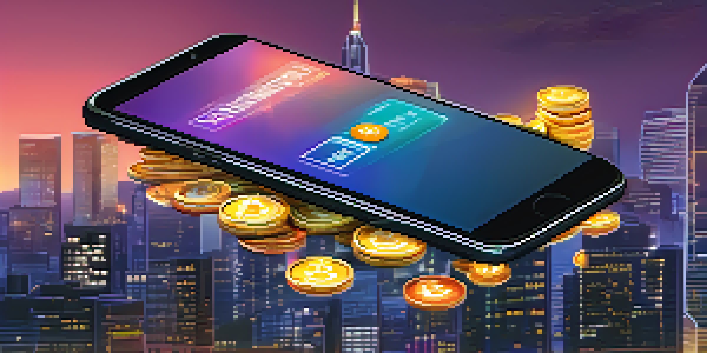A smartphone showing a cryptocurrency wallet app with digital coins floating, set against a city skyline at dusk.
