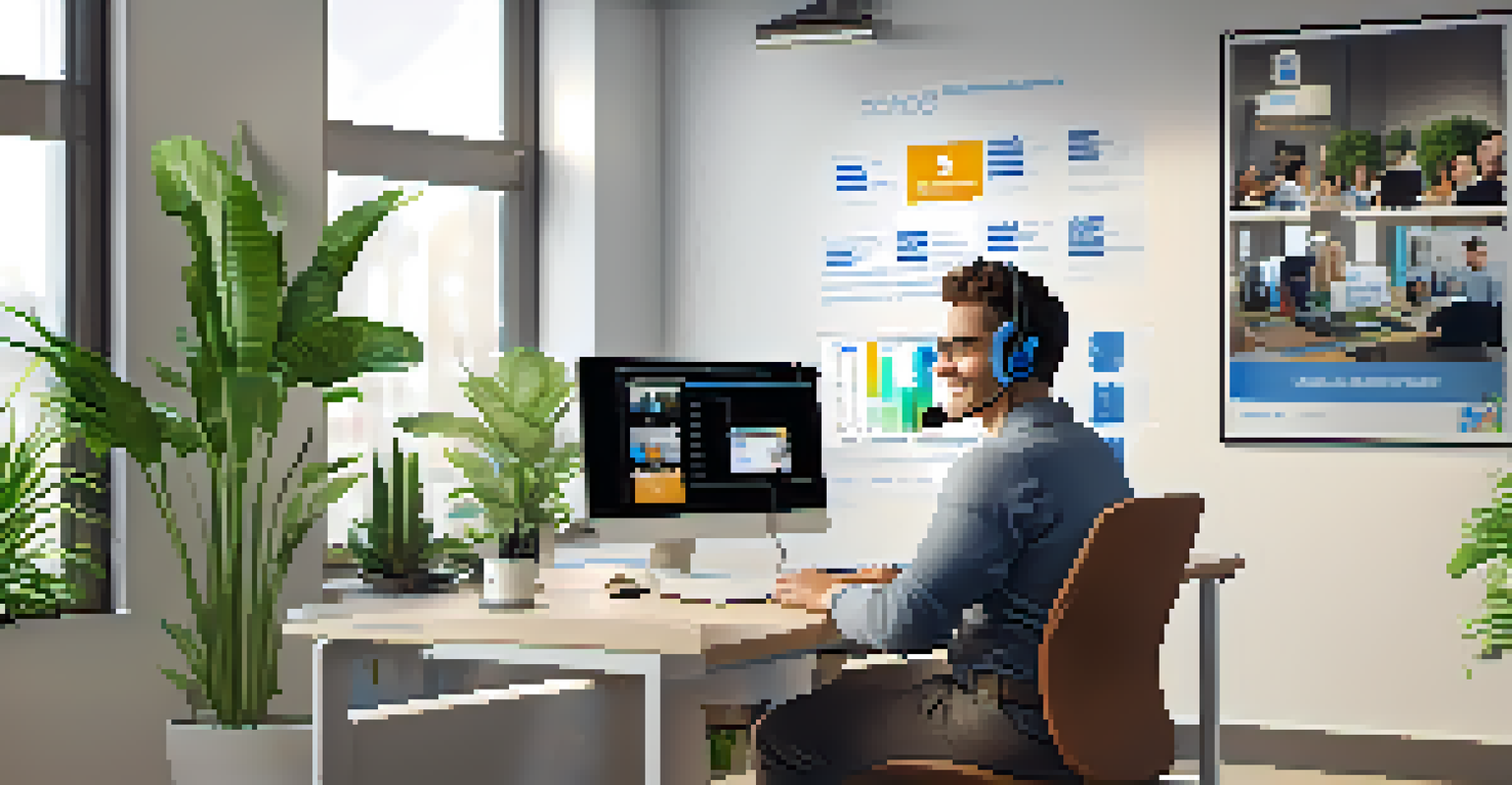 A customer support representative assisting a client through a video call in a bright, modern office.