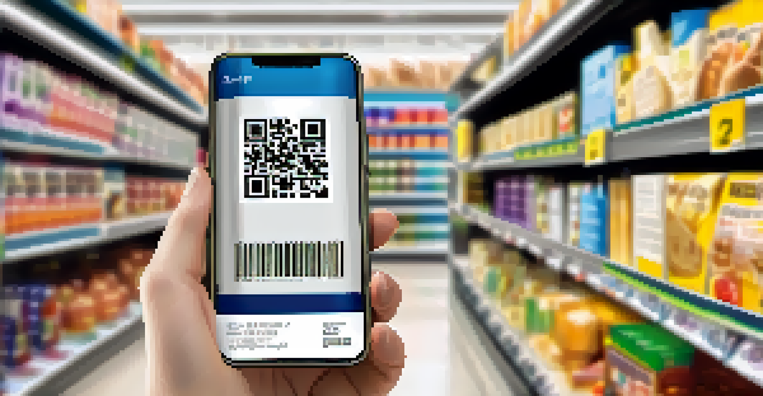 A hand holding a smartphone scanning a QR code on product packaging in a grocery store aisle.