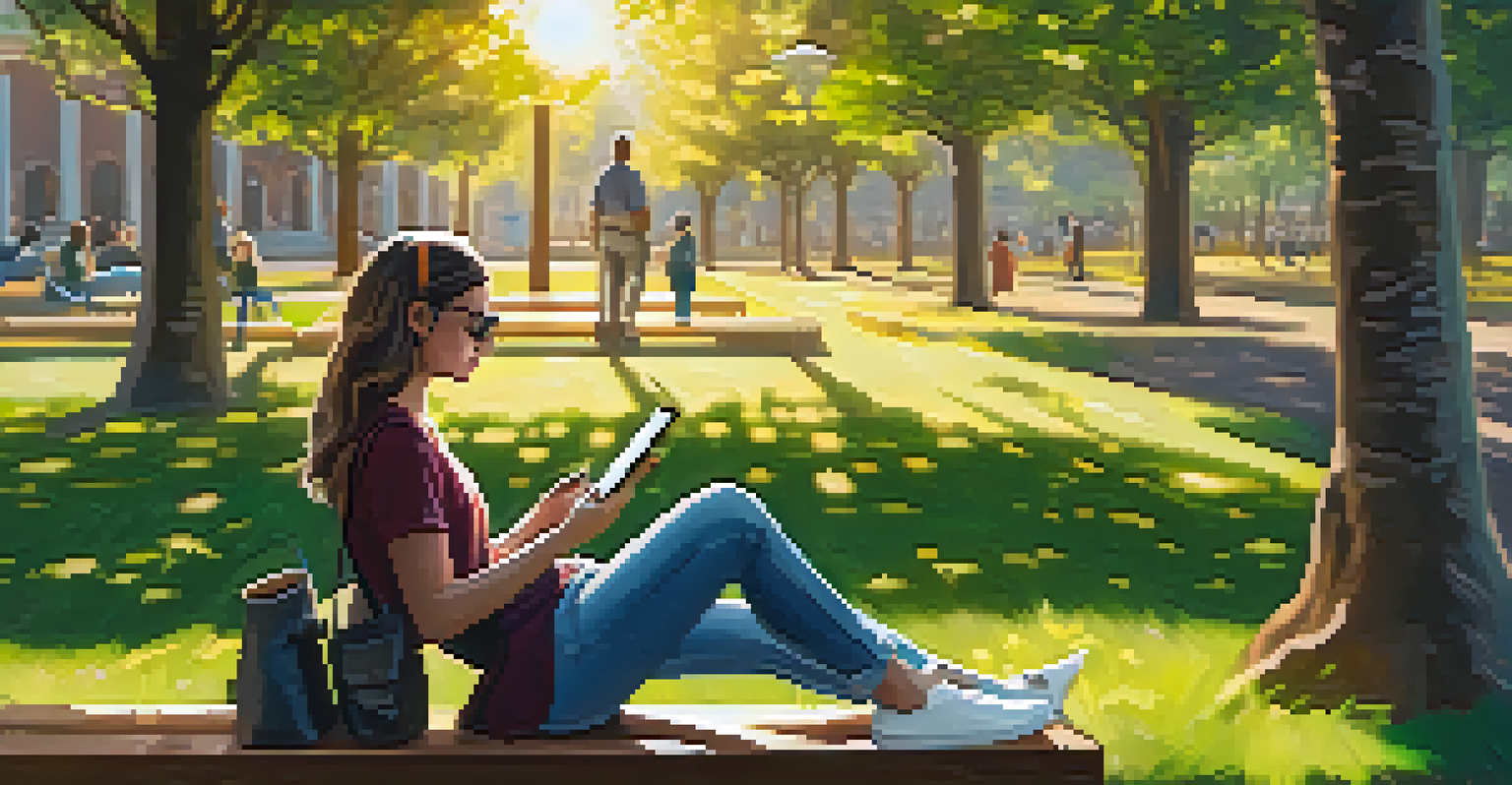 A freelancer using a tablet in a park surrounded by nature, with cryptocurrency symbols in the scene.
