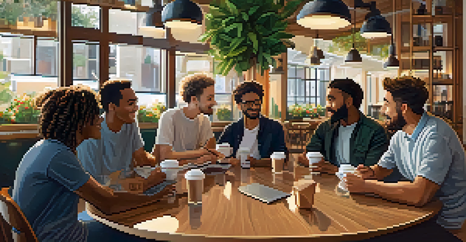 A diverse group of people discussing cryptocurrency in a modern café setting.