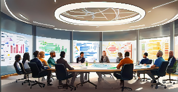 A conference room with a round table, diverse individuals discussing a cryptocurrency project with a whiteboard in the background.