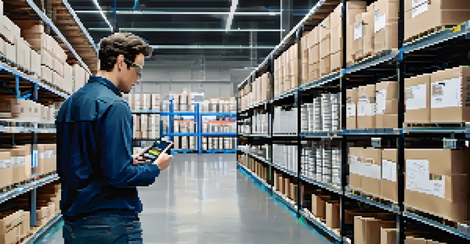 A modern warehouse showcasing advanced tracking technology with a worker scanning products and digital displays showing tracking data.