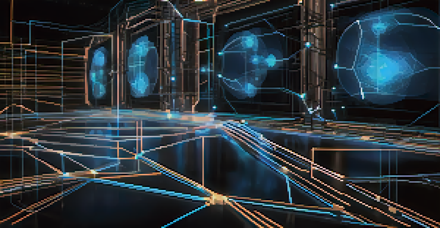 A digital screen showcasing a blockchain network with glowing nodes and lines in a dark environment with ambient light.