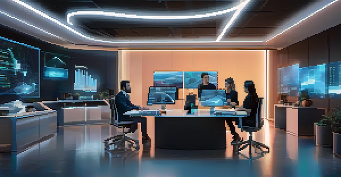 A modern digital workspace with professionals discussing smart contracts, surrounded by holographic displays and ambient lighting.