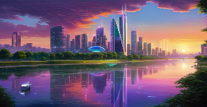 A futuristic cityscape at sunset with glass skyscrapers, lush greenery, and drones in the sky, illuminated in warm golden and purple hues.