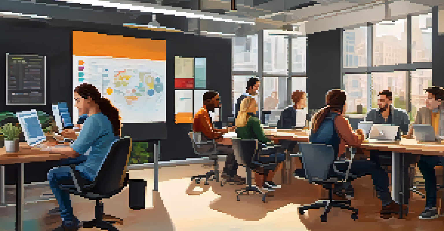 A diverse group of gig workers in a modern workspace discussing around laptops, with charts on screens, in a bright and collaborative environment.
