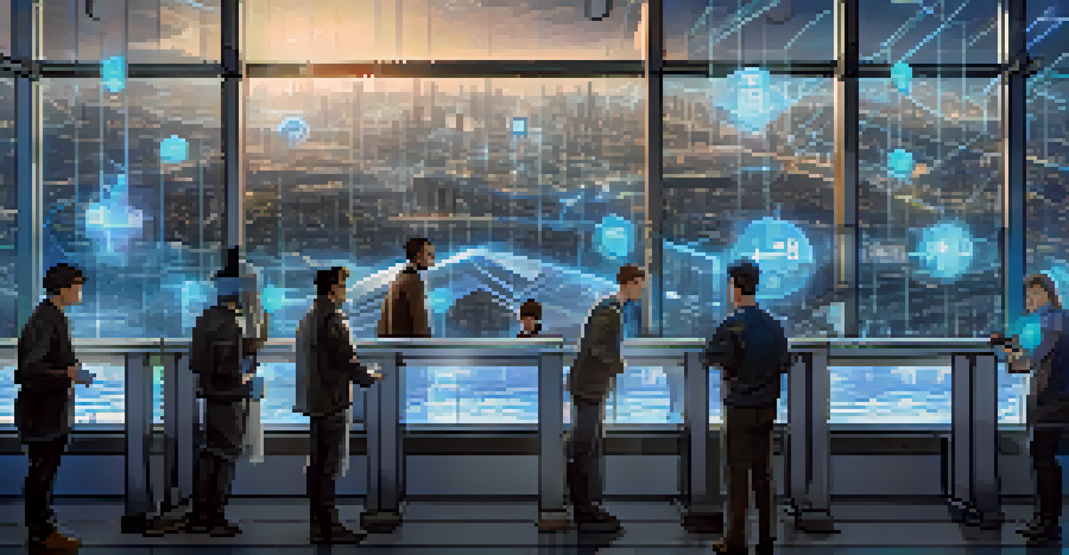 An artistic depiction of on-chain governance with people voting on a digital board against a futuristic city background.
