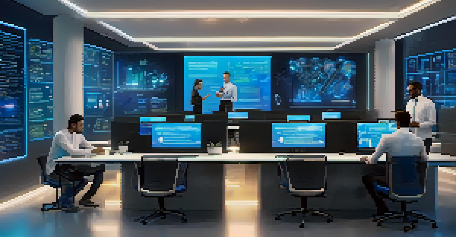 Futuristic workspace demonstrating blockchain technology for payroll, with holographic displays and high-tech ambiance.