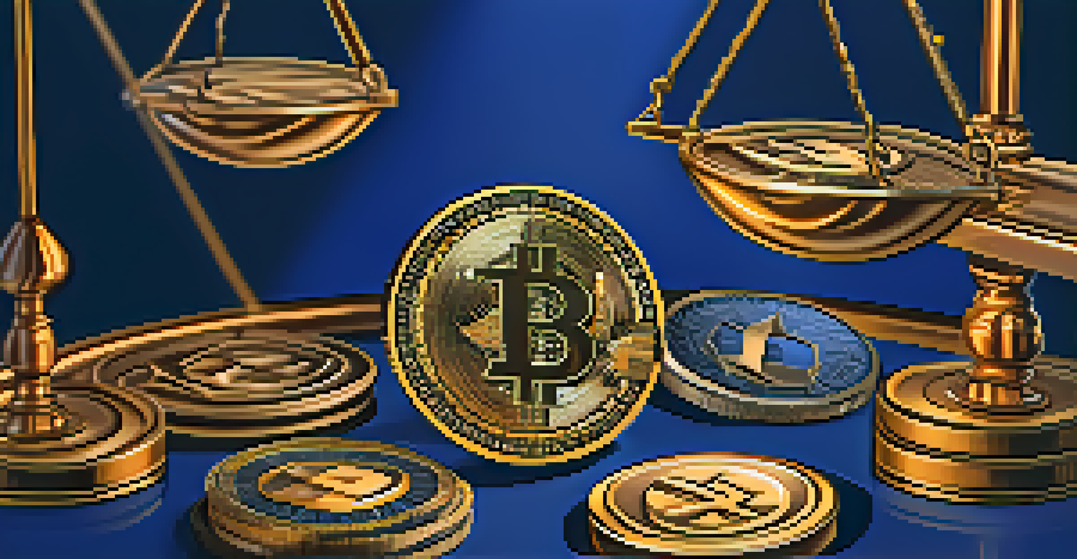 An abstract image showing scales of justice balanced with digital coins, set against a dark blue and gold background.