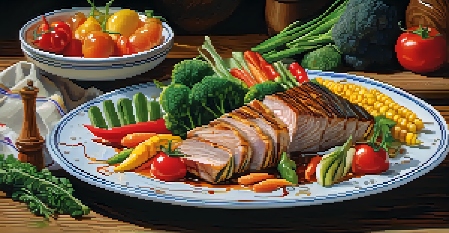 A close-up of a gourmet dish with colorful vegetables and protein, arranged artistically on a rustic wooden table.