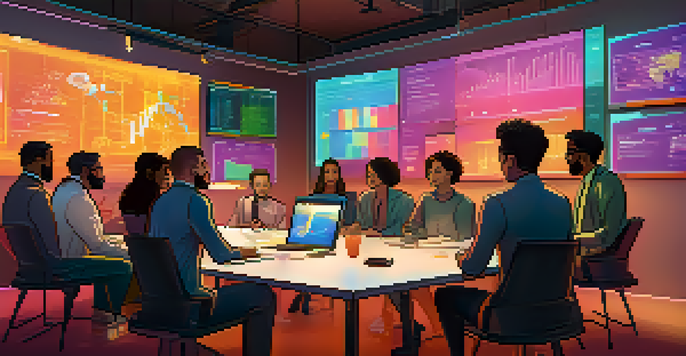 A diverse group of professionals discussing cryptocurrency regulations at a large table in a modern office setting.