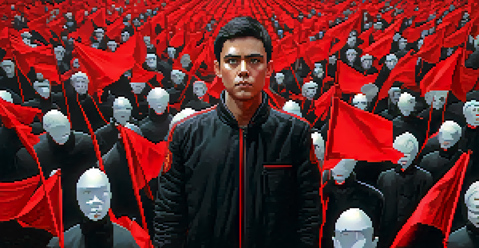 A person surrounded by red flags representing warning signs of cryptocurrency fraud, with a dark background highlighting the flags.