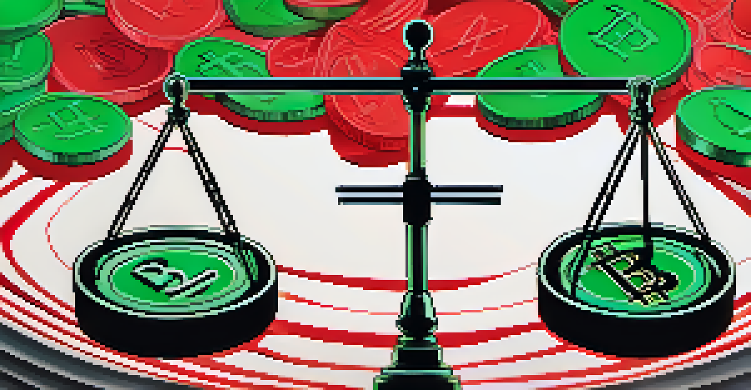 An abstract balance scale featuring green coins for greed and red coins for fear, set against a dynamic colorful background representing market sentiment.