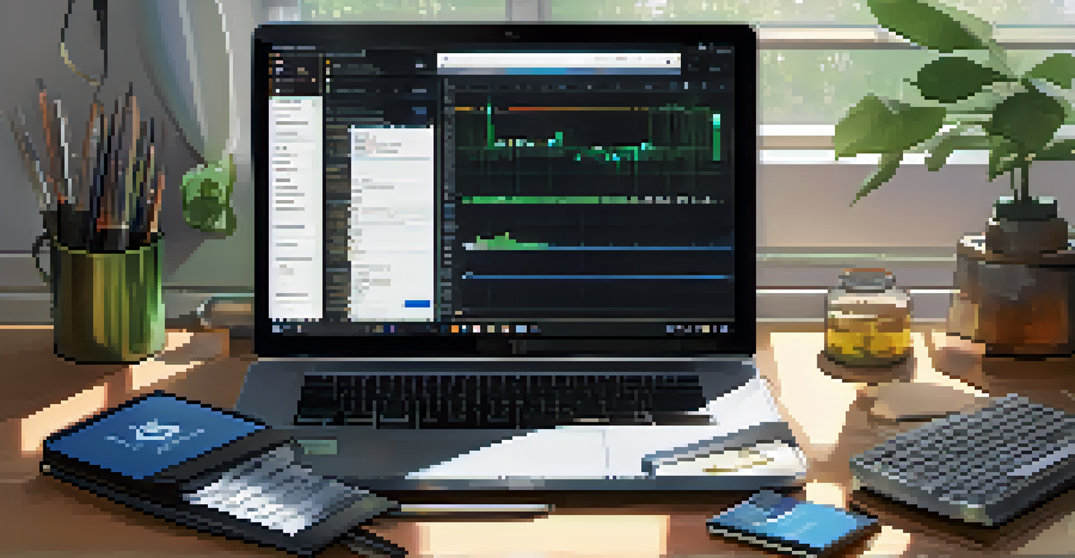 An organized workspace with various colorful hardware wallets and a laptop showing cryptocurrency trading.