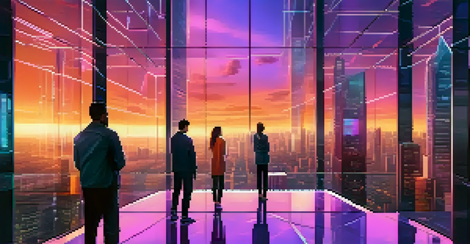 A futuristic city with glass skyscrapers and glowing blockchain networks, featuring people interacting with holographic displays.