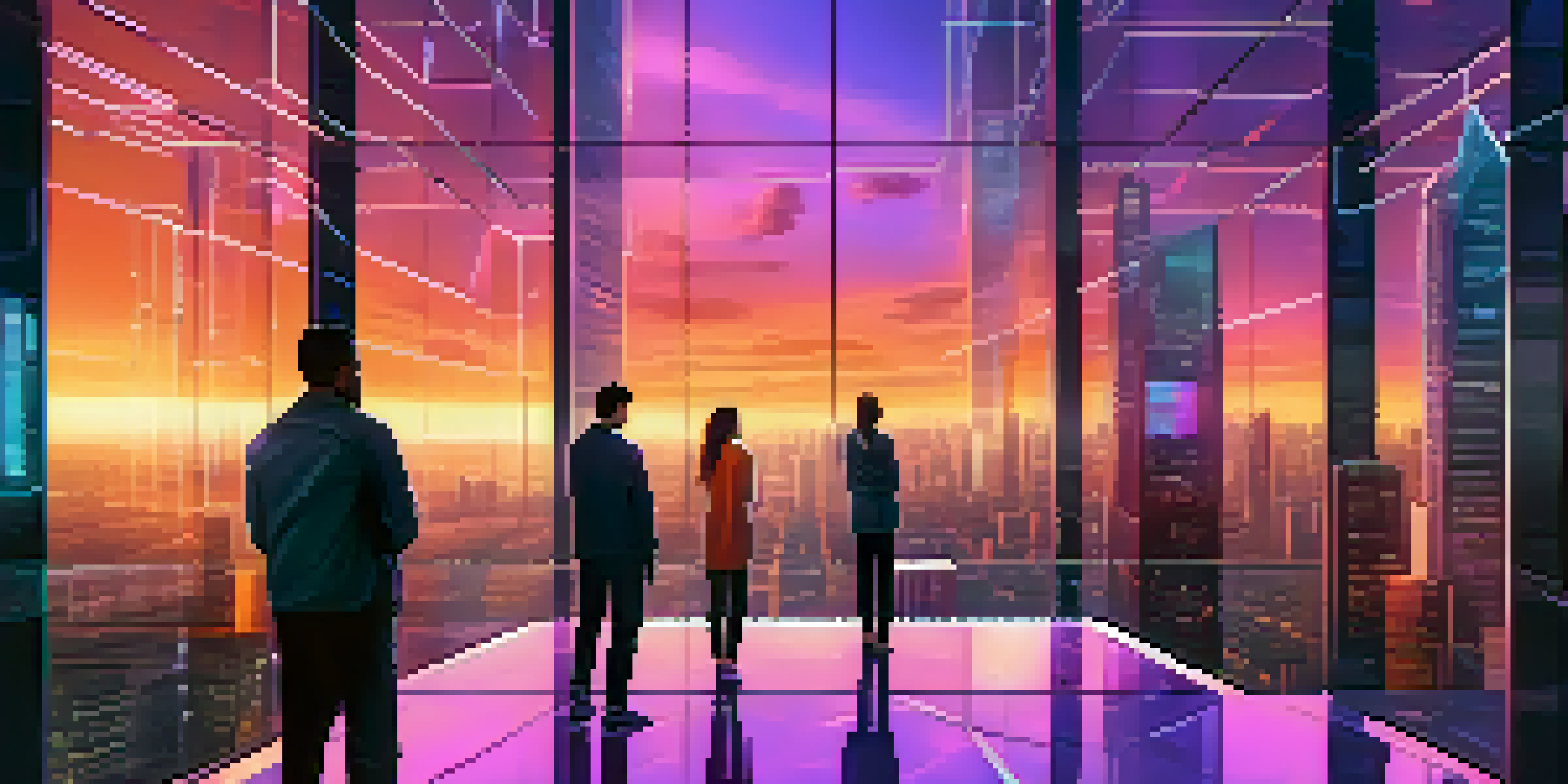 A futuristic city with glass skyscrapers and glowing blockchain networks, featuring people interacting with holographic displays.