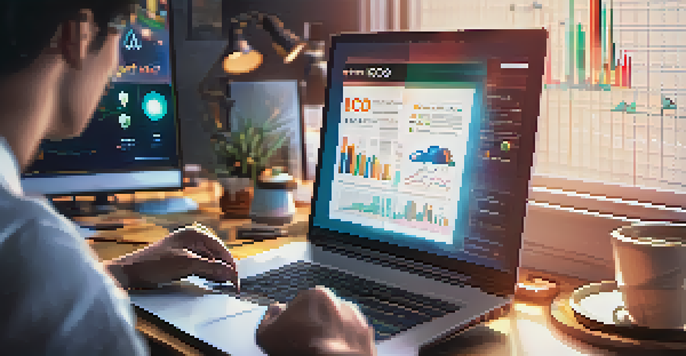 A person pointing at a computer screen showing an ICO white paper, with colorful graphs and scattered cryptocurrency tokens on the desk.