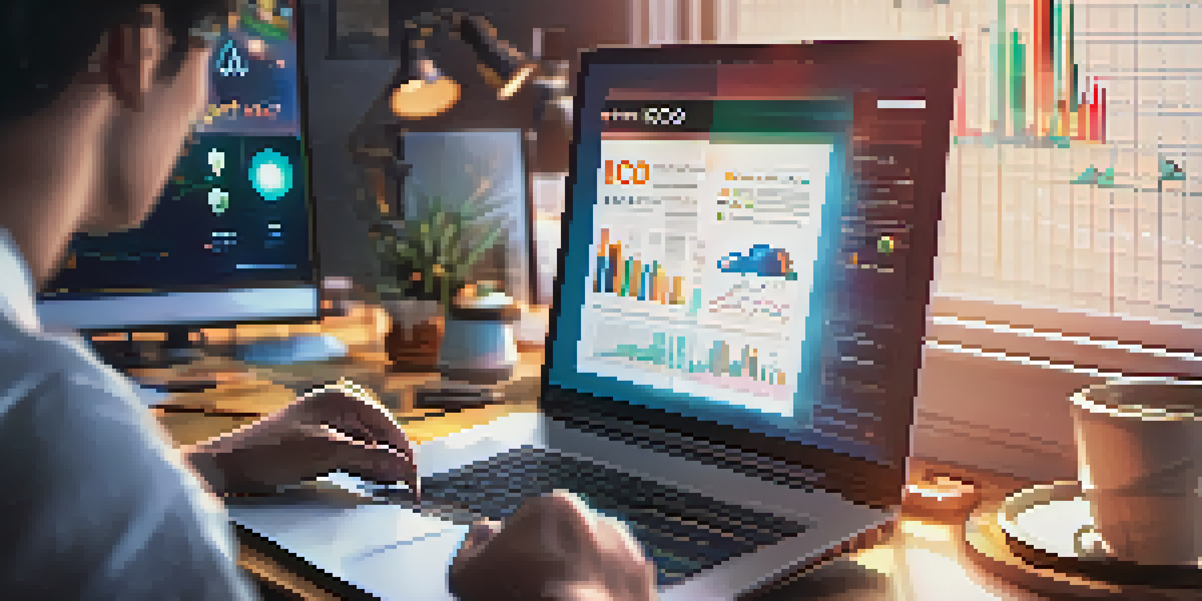 A person pointing at a computer screen showing an ICO white paper, with colorful graphs and scattered cryptocurrency tokens on the desk.