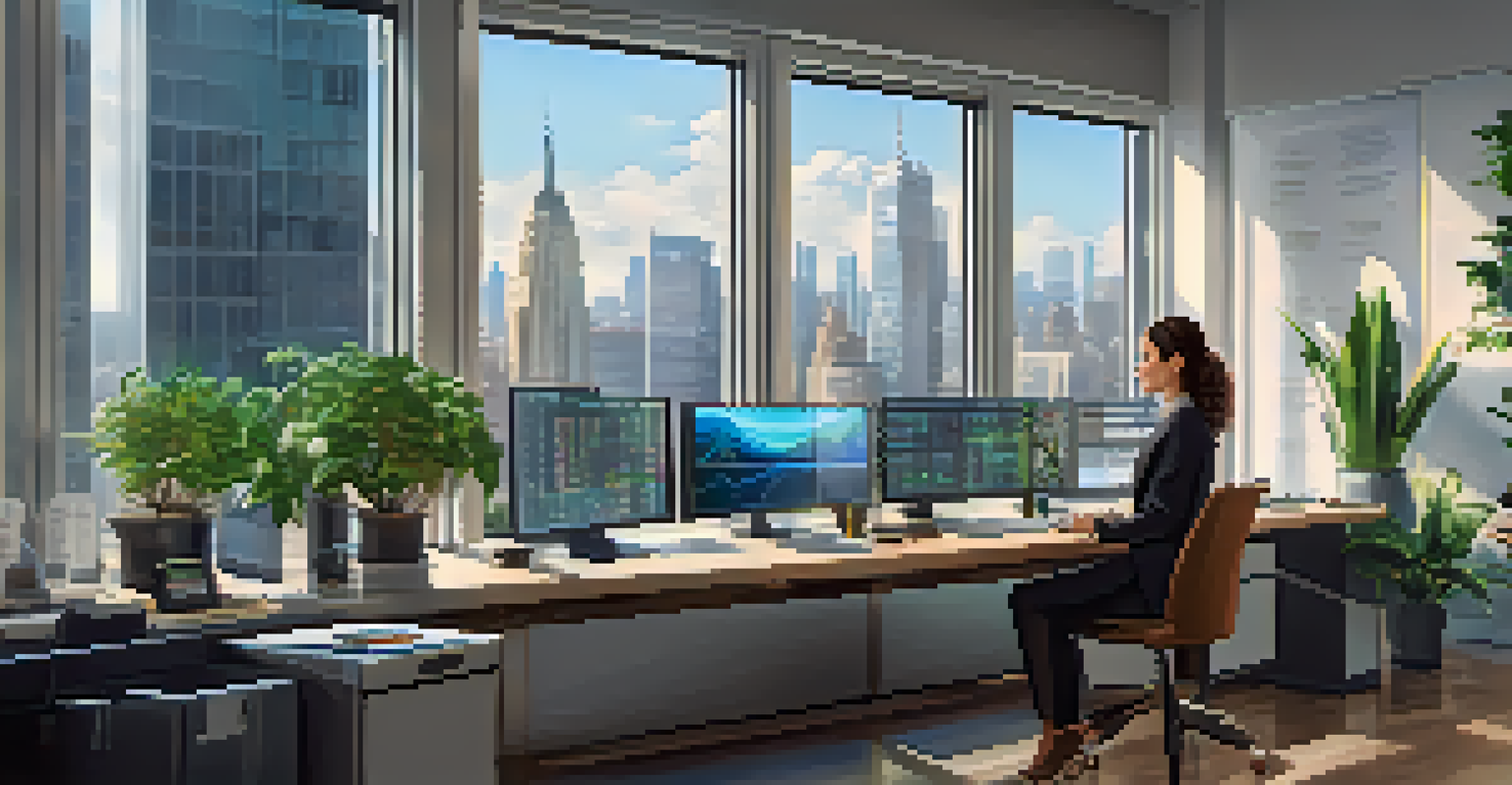A professional woman analyzing cryptocurrency data in a modern office space with a view of the financial district.