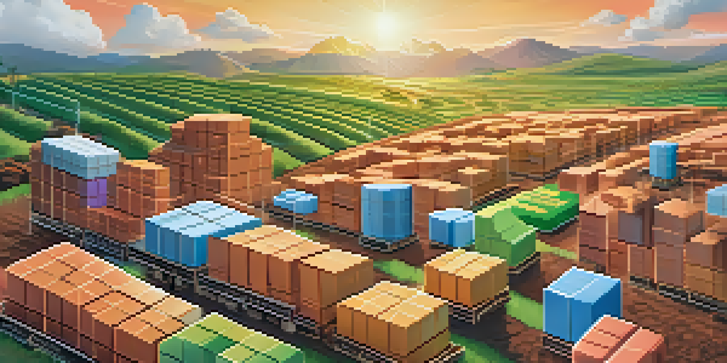 An illustration showing a blockchain network with transparent blocks, depicting the journey of products from a cocoa farm to a chocolate bar in a local store under a sunny sky.