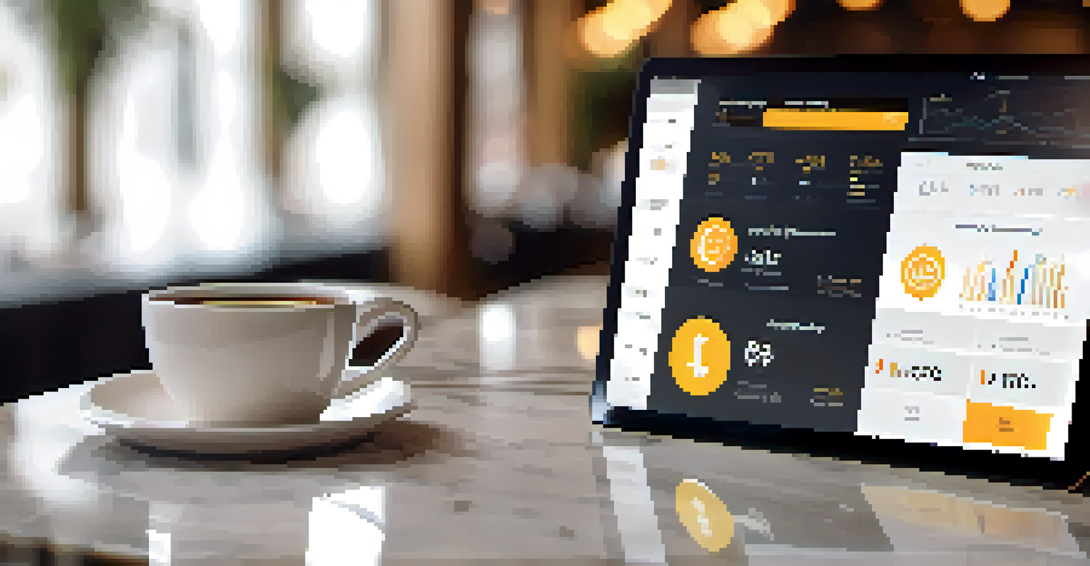 A close-up view of a digital tablet with an ICO dashboard featuring token prices and charts, sitting on a marble table next to a coffee cup, with a busy café in the background.