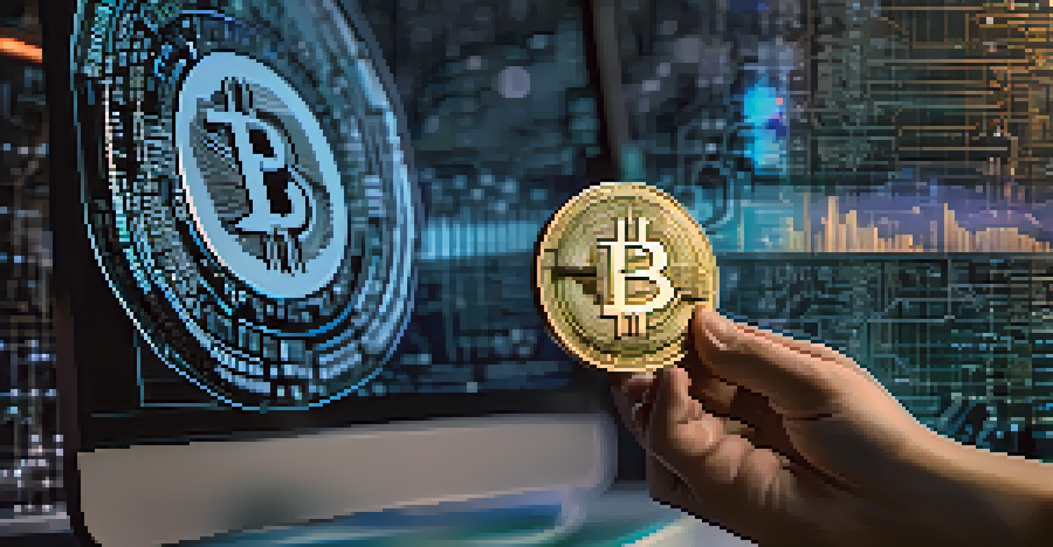A close-up of a hand holding a shiny cryptocurrency coin with digital elements in the background.