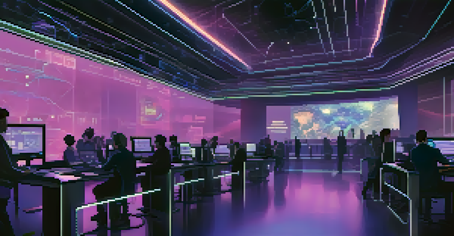 A futuristic representation of a DAO with members voting on proposals via a digital interface, featuring holographic displays in a high-tech environment.