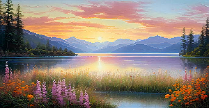 A peaceful lake at sunrise surrounded by mountains and colorful wildflowers.