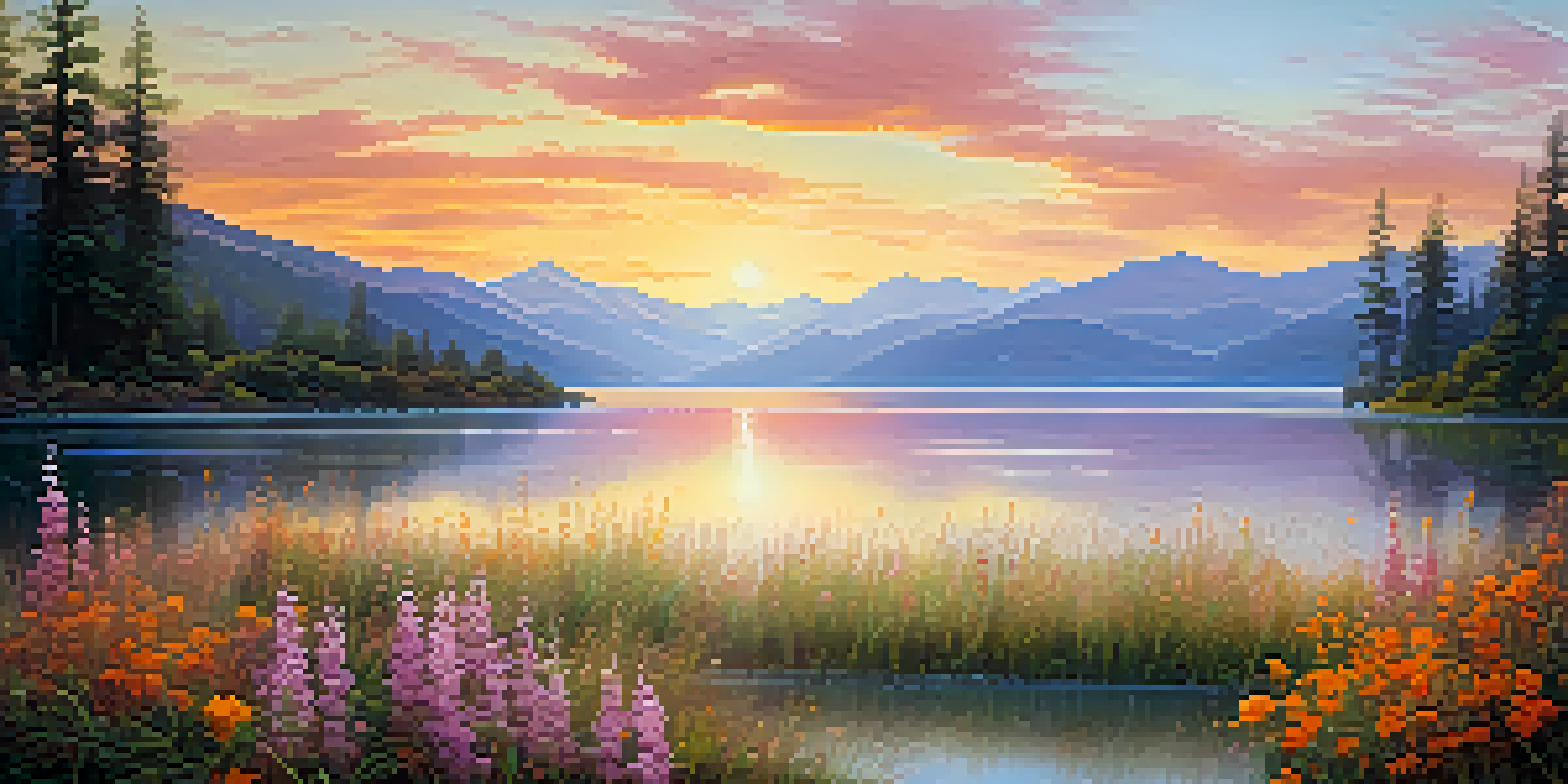 A peaceful lake at sunrise surrounded by mountains and colorful wildflowers.