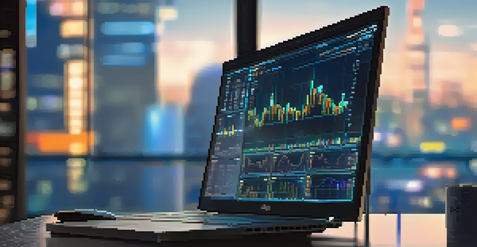 A trader's hand hovering over a keyboard with cryptocurrency charts on a computer screen in a dimly lit room.