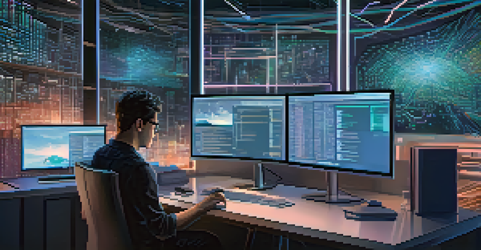 A developer at a computer surrounded by holographic displays of oracle data feeds and blockchain code in a modern workspace with ambient lighting.