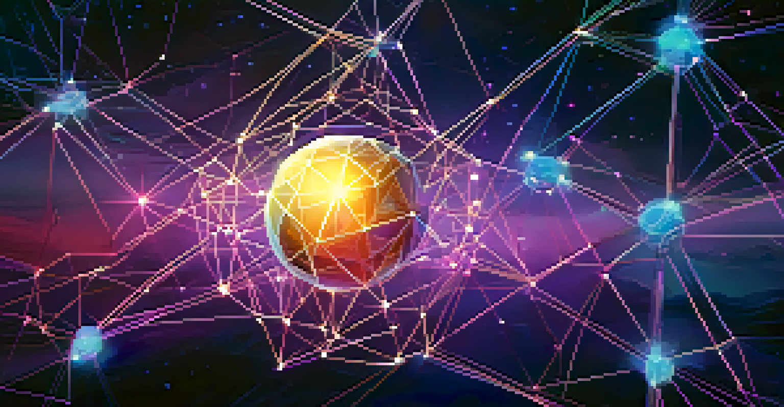 An artistic depiction of a blockchain network with glowing nodes and connections in a space-themed background.