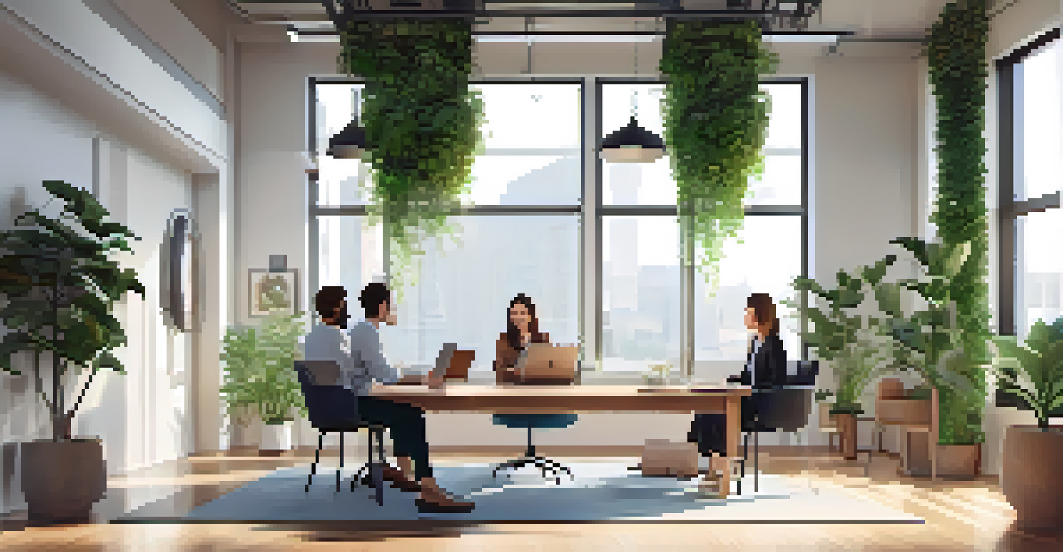 A diverse group of professionals discussing a smart contract on a digital tablet in a bright office space.