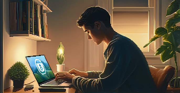 A person focused on their laptop with a glowing digital lock symbol on the screen, set in a cozy home office.